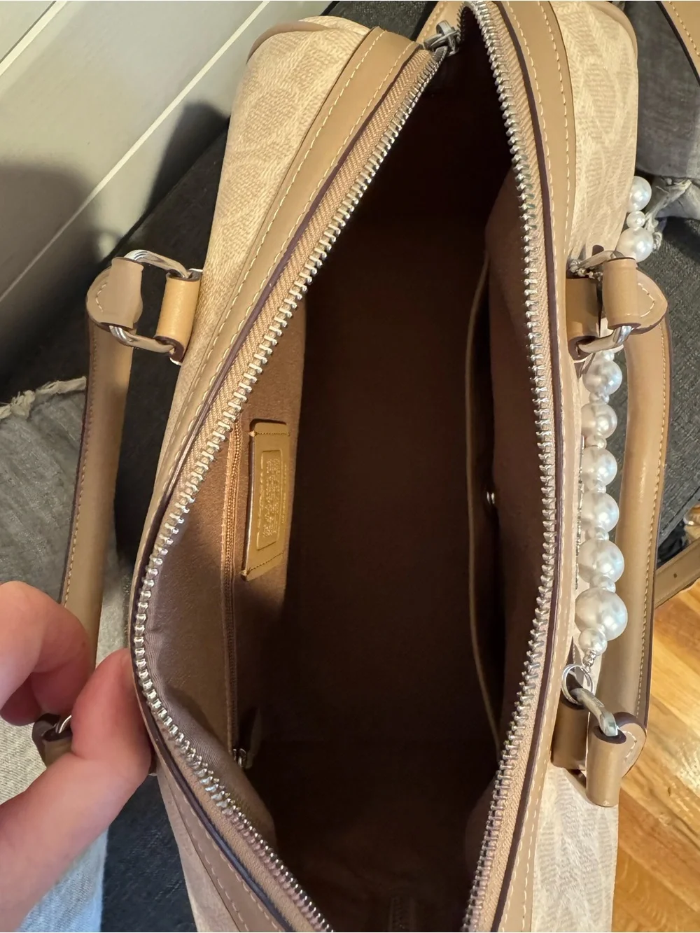 Coach Beige Signature Satchel with Pearl and Cherry Charm